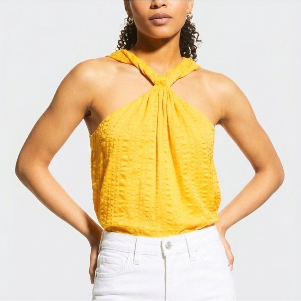 FRAME Silk Tank Top Blouse Orange Draped Halter Twist Textured Women Medium NEW